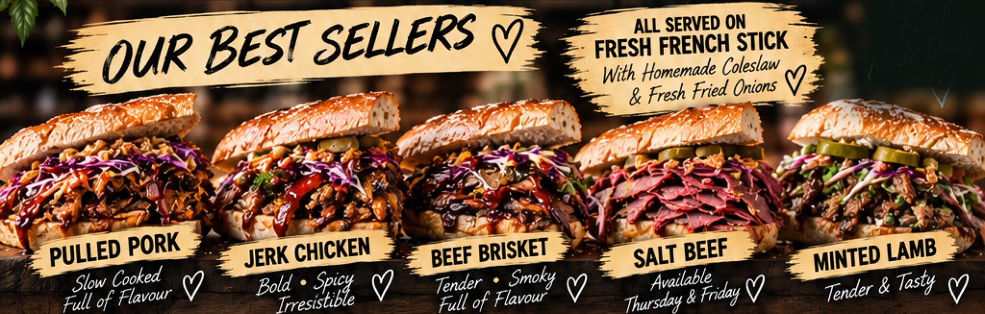 Five French sticks lined up: pulled pork, jerk chicken, beef brisket, salt beef and minted lamb, each with coleslaw and fried onions
